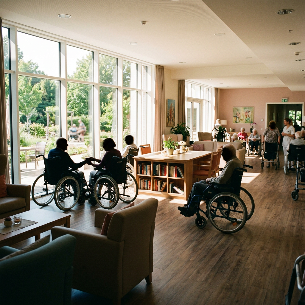 Elderly residents in wheelchairs socializing in a bright nursing home lounge with large windows
